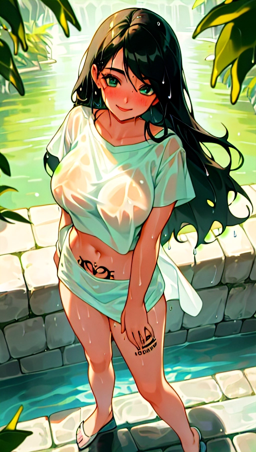 photograph of innocent 19 year old girl, (seductive:1.2), (cute, innocent:1.4), (full body), visible pussy, (smiling:1.1), (accurate face:1.4), (confident eyes:1.4), textured skin, goosebumps, freckles, blushing, (long flowing hair:1.4), (big breasts:1.3), (white crop top), (wet t-shirt:1.7), (bare midriff), (pubic hair), (standing:1.2), outside, (tattoos:1.3), (eyeliner:1.2), (lipstick:1.1), looking at viewer, (beautiful detailed eyes:1.2), (accurate mouth:0), (high angle:1.2), Porta 160 color, ARRI ALEXA 65, bokeh, sharp focus, masterpiece, best quality, 8k, highly detailed