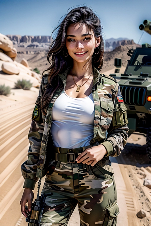 (photorealistic:1.4), (masterpiece:1.4), (best quality:1.4), ultra high res, bokeh, ((detailed facial features)), professional photograph of beautiful confident 20 year old Israeli female soldier,
outdoors in a rocky desert, bright sunlight, military vehicles in the background,
(slim athletic body:1.2), (small breasts), in combat uniform, camouflage trousers, green crop T shirt, (ghost nipples), ((camouflage pattern jacket unbuttoned to waist)), metal ID tag on necklace, lustrous black hair, clear green eyes, perfect olive skin,
(best quality), (((extremely accurate smiling face))), <lora:dpmg_add_detail:0.7>, (high resolution), dynamic, (((masterpiece))), (uhd), (8k),
