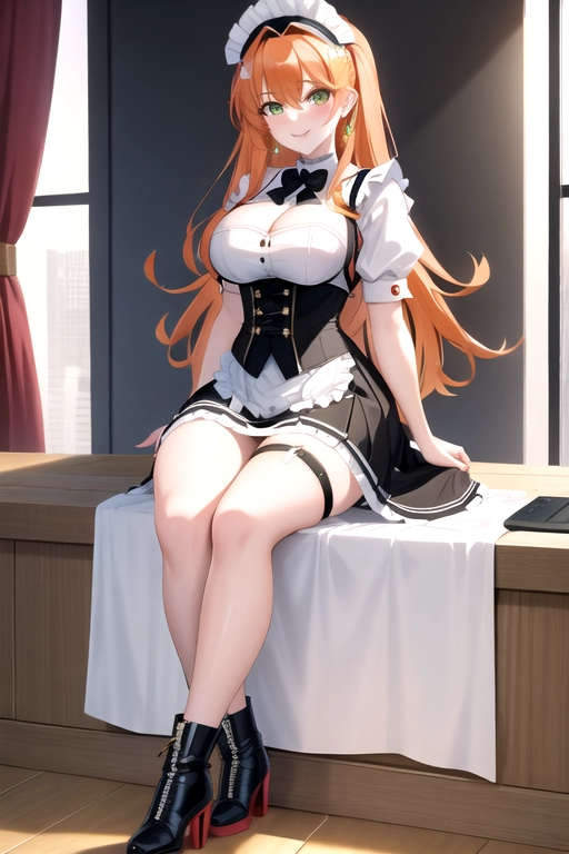 long hair, pale skin, orange hair, green eyes, black choker, giant H-cup breasts, wavy hair, white maid uniform, smiling, full body photo, 28 years old, miniskirt, cleavage, high heels, corset, 8k quality, boots, in living room