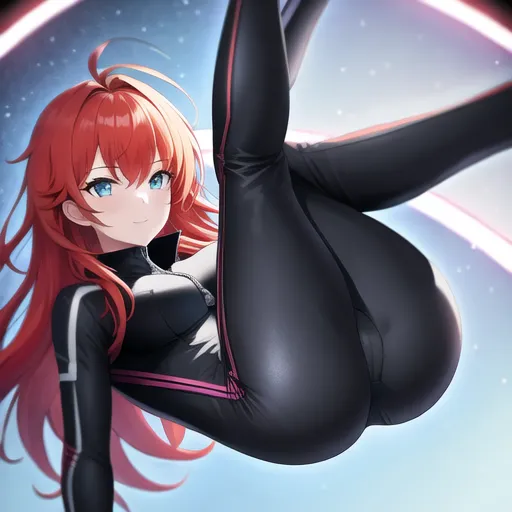 1girl on spaceship, redhead, floating, upside down, messy hair, pulling down zipper on her tight suit