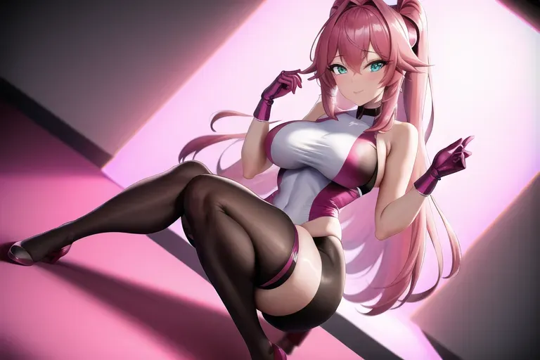 wide shot, 20 year old, an anime girl, fit, stockings, pink, photo studio, day time, studio light, happy, 8k, professional