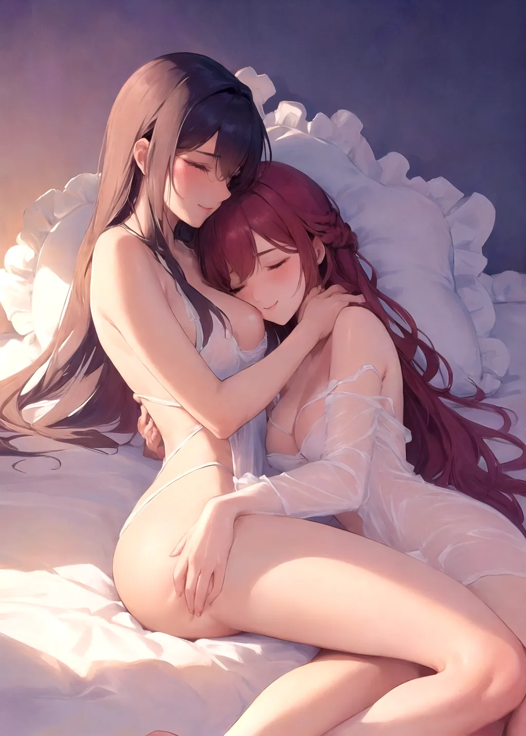 (nsfw), (masterpiece), absurdres, smooth, soft lines, soft edges, perfect edges, (soft lighting), (soft glow), perfect anatomy, detailed background, hair with great details, perfect eyes, perfect face, view from above, sunlight, late afternoon,
((two beautiful women kissing in bed)), lying on bed, sleeping, napping, (((yuri))), kissing, smiling, silk, sheer slip, slip dress, pjs, under blankets, head on pillow, pillow, ((flushed cheeks)), erotic, sensual, lovely, voluptuous, (((aroused))), bare feet, cute, cuddling, romantic, blushing,
cute bedroom, comfortable bedroom, cozy