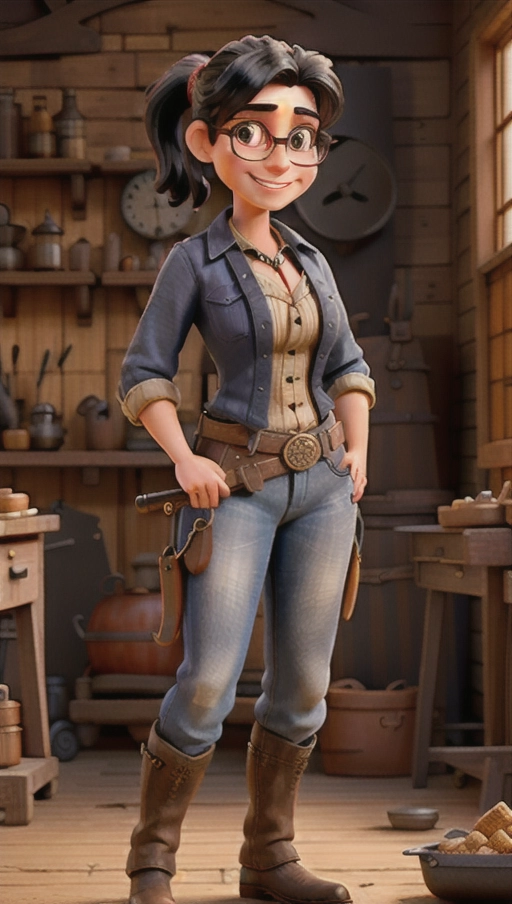 A cowgirl around her twenties in a blacksmith workshop wearing western-like clothes and smiling while holding a knife, black hair, pony tail, glasses, black eyes, tall, steampunk