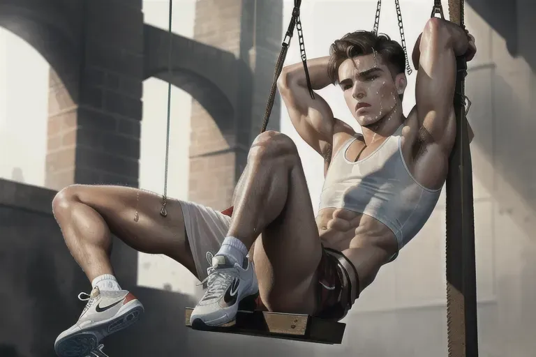 masterpiece realistic, top-quality image, blowjob, suck, high-resolution photograph, photorealistic image of twenty-year-old Romeo Beckham in bondage being fucked in the ass on a leather sex swing, wearing a white athletic tank top and dirty nike trainers, no pants, underwear stuffed into his mouth ((his big European semi-hard cock is exposed leaking cum)), ((very accurate and highly detailed handsome face wincing in pain)), sharp realistic eyes, detailed textured skin ((pores)) slender male body, sparse body hair, legs wide, penetrated by a huge dick in his asshole
