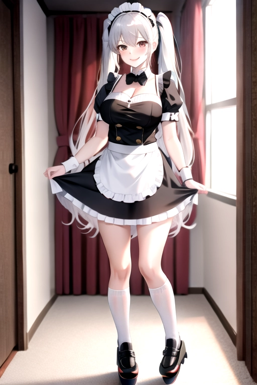 8k quality, brown eyes, pale white skin, white hair, giant breasts, cleavage, looking at viewer, pov, long hair, wavy hair, standing in bedroom, maid uniform, black roller skates, miniskirt, pigtails, full body photo, smiling