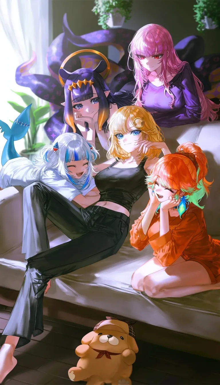 masterpiece, best quality, good quality. @quasarcake, A cozy indoor scene featuring five Hololive girls relaxing on a sofa. Watson Amelia has blonde hair and blue eyes, wearing a black shirt and pants. Gawr Gura sports blue hair and shark fins, dressed in a white shirt. Mori Calliope has pink hair and red eyes, smiling in a black outfit. Ninomae Ina'nis displays purple hair and eyes, wearing a purple shirt with tentacles. Takanashi Kiara has orange hair and closed eyes, smiling in an orange outfit. A cute dog and a stuffed toy are nearby. The girls are sitting, lying, or interacting with each other, some with closed eyes, smiling, or playing instruments. The room is softly lit with plants and musical instruments, creating a warm and inviting atmosphere. The image is of high quality, with detailed features and natural lighting.