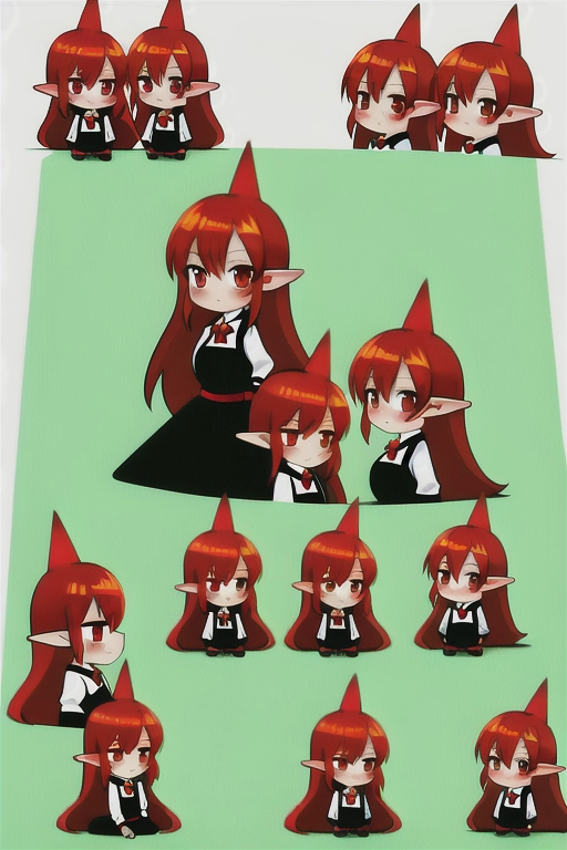 Red head goblin girl, green skin, pointy ears, cute, Chibi