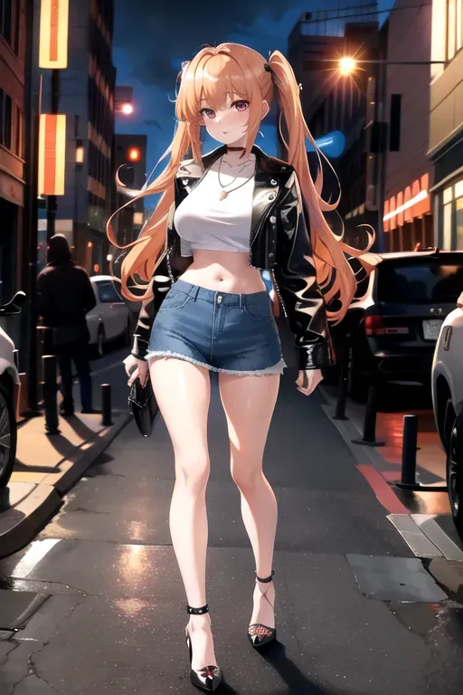 full body, strawberry blonde hair, hazel eyes, short girl, denim miniskirt, black high heels, looking at viewer, long hair, pale skin, silver necklace, black crop top, 24 years old, giant breasts, cute face, pov, wavy hair, city environment, Oklahoma City, wide eyes, erotic, skirt tug, leather jacket, nighttime, black backpack, slim body, low pigtails, running towards camera