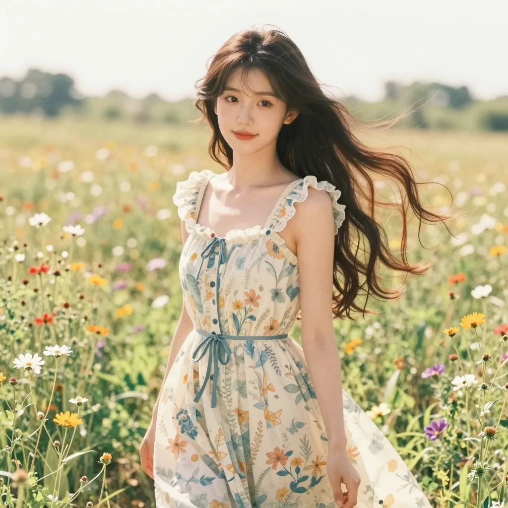 A young woman with long, flowing hair, wearing a vintage
sundress, standing in a field of wildflowers. She has a gentle smile,
and the sunlight creates a soft, ethereal glow around her. The
image is styled in a watercolor painting format, with delicate
brushstrokes and pastel colors.