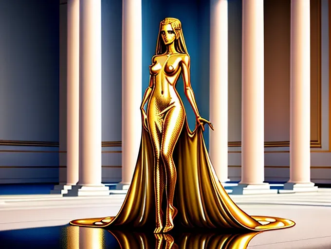 a digital painting, elegant sun goddess, shiny, sheer gown, dainty outfit, light airy clothing, completely transparent covering, visible nipples, nsfw, almost nude, straight hair, ancient jewelry, a cup sized breasts, lithe body, tall woman, model height, skinny figure, (pure gold body), gold statue type skin, ((liquid cold body)), (((metallic skin))), warm lighting, intense radiant luminescence godly aura, divine feminine, otherworldly being, atmospheric setting, dreamlike, haughty proud pose