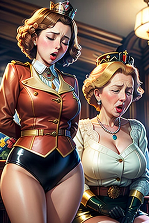Colour picture of a ((young brunette Queen Elizabeth II)), ((accurate face)), ((short dark hair)), and a ((young blonde Margaret Thatcher)), ((accurate face)), ((short blonde hair)), in white leather jacket and tight black latex panties, ((bare thighs)), elegant interior, elaborate necklace, She must be having a powerful (((sneezing fit))) ((sneezing)) allergy, hay fever, with her nostrils flaring, ((her eyes closed)) and ((her mouth wide open)),