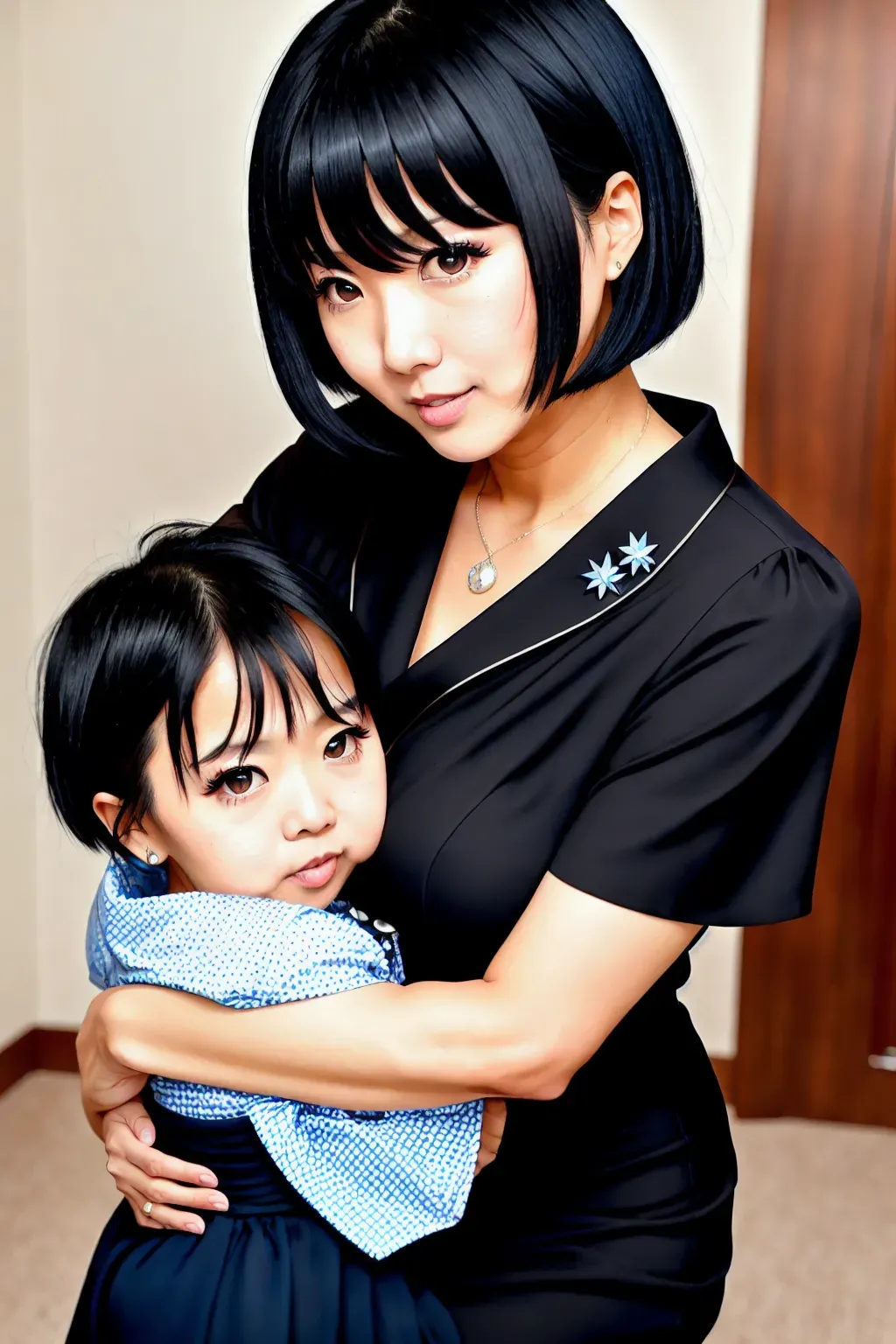 best quality, smooth skin, short black hair, blunt bangs, black hair with blunt bangs, motherly expression, St Louis silver dress, St Louis Azur Lane, large breasts, Japanese girl, Asian girl, small woman, blue eyes, milf, motherly dress, sexy dress,