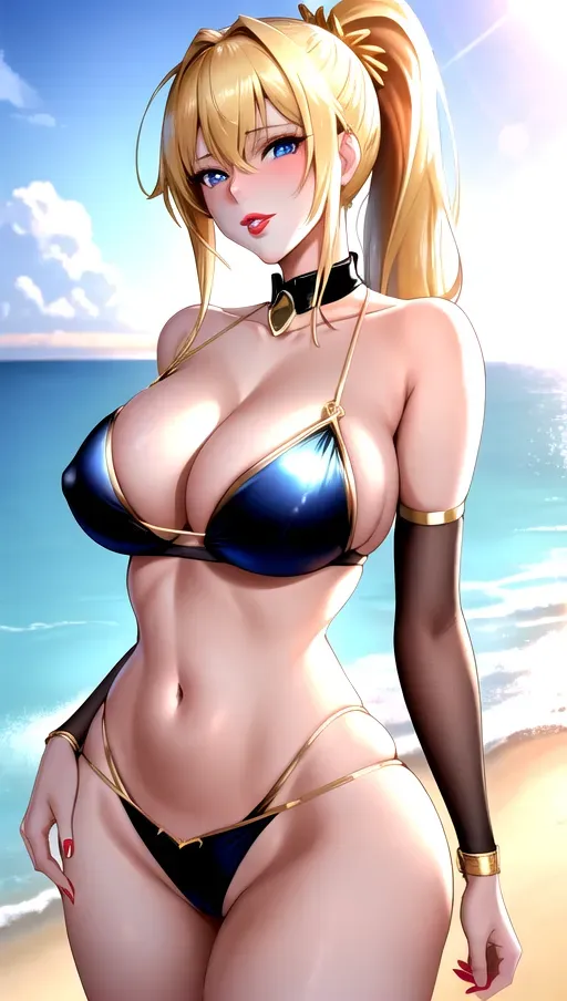nsfw, high resolution, high detail image of, 1girl, beautiful, slim figure, long slender legs, medium breasts, short messy blonde ponytail, large bright detailed blue eyes, red lips, beautiful lips, 5 slender fingers, outside, at the beach, golden hour, natural light, sunshine, wearing tight gold bikini, black lace collar with gold heart, standing, left hand on hip, seductive facial expression