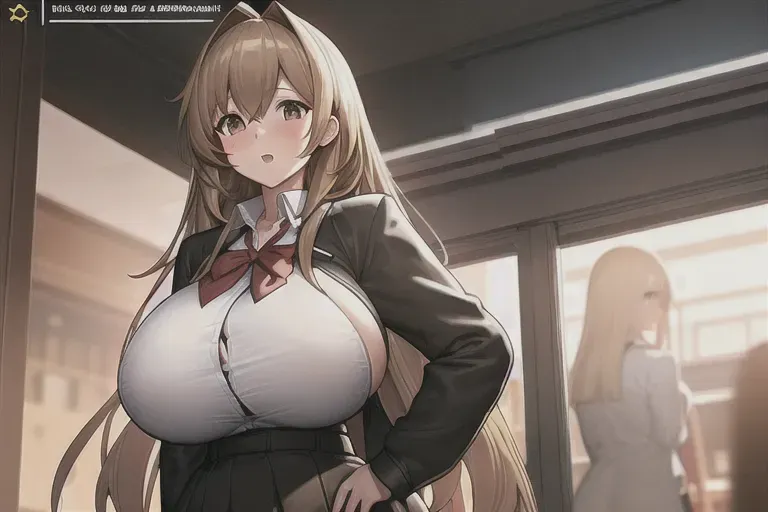 a concept art detailed,smooth big very big boobs with blonde and brown hair, school uniform naked big thighs and looking behind dick out with collar on neck