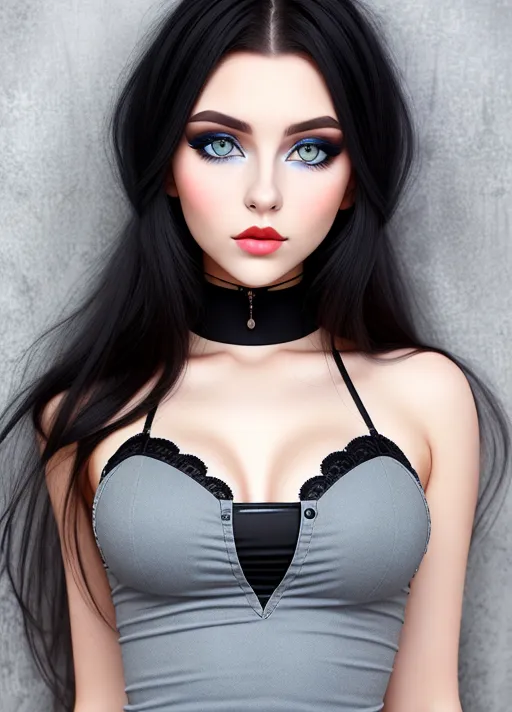 Gorgeous eastern European woman, simple grunge makeup, pale grey-blue colored eyes, big wide doe eyes, black hair, big lips, thin slender body, photorealistic, best quality, ultra high resolution
