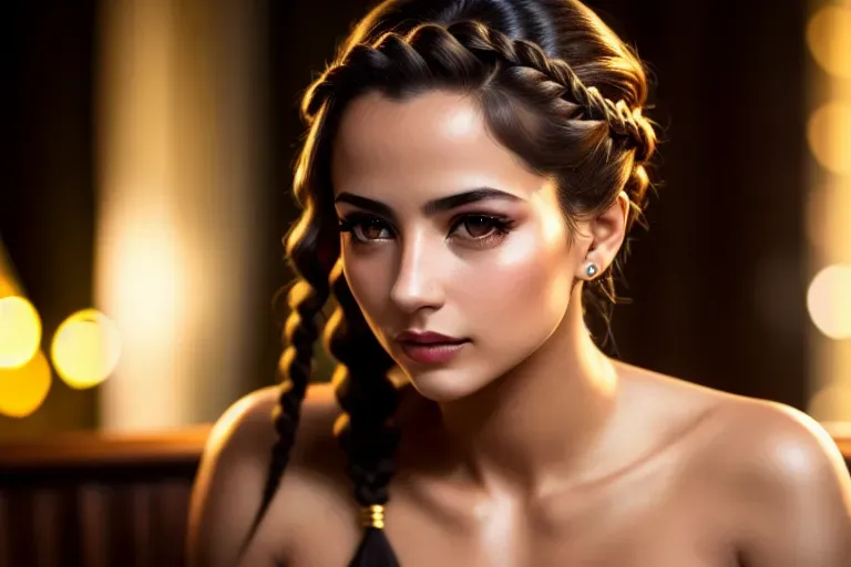 a realistic photo of,a argentina girl,topless,lying,at the party,natural breasts,five slender fingers,braids hair,charming face,beautiful lips,brown eyes,curved eyebrows,peaceful,wearing golden ring,bokeh,studio lighting,cgsociety,cinematic lighting,ultra realistic