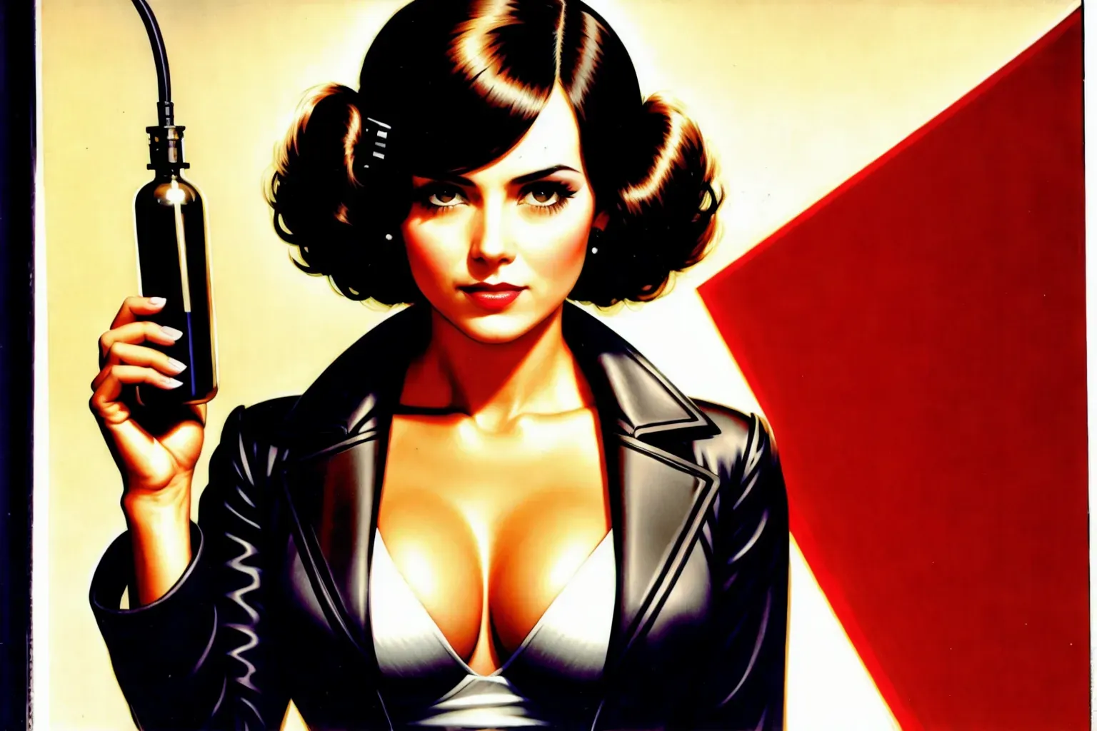 pulp style drawing art of young brunette as a mad scientist in black latex, black hair, soft cheeks, laboratory, machinery, half machine, Mad science, sinister, a young dumb looking bimbo blonde as her assistant, pulp cover, blonde, evil, dark but fun, smirking expression on her face, science, experiments, crazy, electrical sparks, pulp, drawn, thick lines