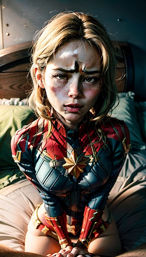 (((actress Brie Larson))), an pornographic portrait of, Brie Larson, ((as a Her character caption marvel)), ((most accurate photo of Brie Larson face)),
(Hypnotized), (photo realistic:1.37), (modern artwork), 1female, (perky tits, fit, athletic), glistening skin, pale skin, ((extremely messy hair in a bob cut
)), ((shocked confused expression on face)), (dark lighting), (((wearing a torn up captain marvel suit ))), perfect tits, legs spread wide, showing pussy, tits out, arched back, ((looking right at the camera)), getting her hair pulled, (((showing her face to viewer))), ( crying tears, sobbing), ((half way undressed, exposing breasts)), (((on her back))), ((<lora:headpat:1>)), ((worst day of her life)), ((blushing)), (being black mailed), pulling her own top down to show the viewer her tits, (((grabbing the viewers arm))), cold nose, ((back pressed into bed)), ((holding mouth wide open for the viewer)), (((a man reaching out and grabbing her by the throat))), dpmg_pov_blowjob_v1, <lora:dpmg_licking:1>,
(((covered in cum))), ((dress ripped and torn)), messy hair, ((cum dripping out of her mouth)), (cum slut), cloths pulled off,
((best quality)), <lora:dpmg_add_detail:0.5>, beautiful,(high resolution), (((masterpiece))), (uhd), (8k), ((sharp focus)), <lora:plVOer6ObyM_epiCRealismHelper:1>