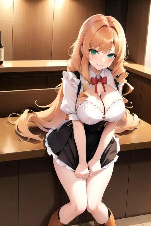 <lora:dpmg_skirt_tug:1>, 1girl, clothes tug, strawberry blonde hair, green eyes, brown maid uniform, bar, pale skin, giant breasts, high heeled boots, serving drinks, long hair, wavy hair, masterpiece, best quality, highly detailed, smiling, leaning toward viewer, pov, looking at viewer, miniskirt, showing cleavage, realistic, erotic