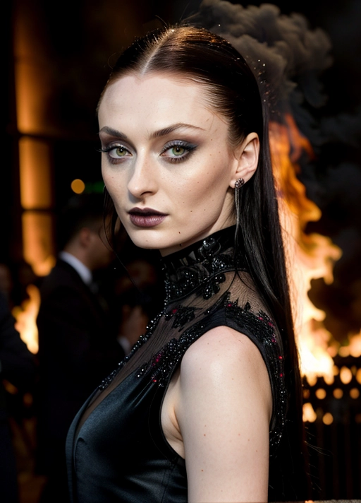(skinny goth Sophie Turner:1.11),
(black makeup, black eyeshadows:1.13),sideview,
(accurate face, photorealistic face,perfect face,detailed face:1.27),
serious,(in dense smoke, vivid flames and fire in background:1.3),(wearing widow dress:1.1),
(face close up:1.25),
uncensored,
HDR, UHD, 64K,
Highly detailed,
Vivid Colors,
Studio lighting,
Professional,
Unreal engine,