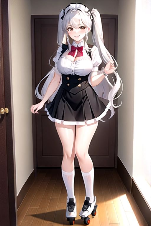 8k quality, brown eyes, pale white skin, white hair, giant breasts, cleavage, looking at viewer, pov, long hair, wavy hair, standing in bedroom, maid uniform, roller skates, miniskirt, pigtails, full body photo, smiling