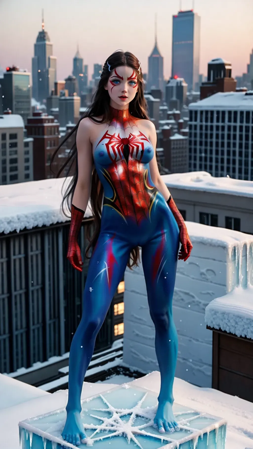 Dopamine Girl - full-body image of a gorgeous naked girl with long hair and  blue eyes wearing Spiderman body paint with long erect nipples while  standing on an icy rooftop in a