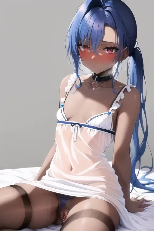 masterpiece, best quality, medium (blue hair) in a ponytail, (sexy white nightgown), ((small breasts)), orgasm, detailed background, uncensored, wet pussy, collar, pubic hair, ((dark skin))