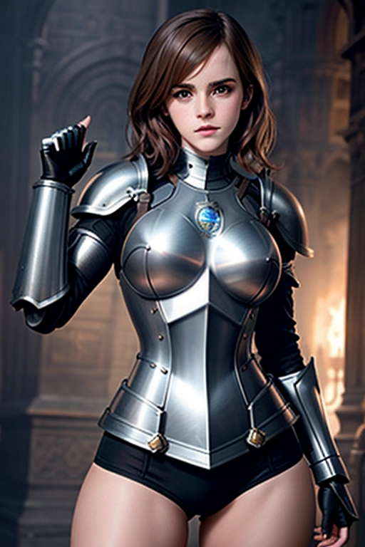 Emma Watson, knight, no helmet, in skin tight armor, sexy,hyper realistic, sexy pose,big thighs,realistic face, show legs,cleric,busty,huge breasts,muscular,skinny waist,wide hips,metal arm,bbw