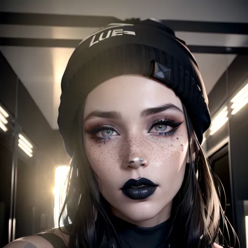 replicate inspiration face, freckles, black lipstick, brunette, black beanie,