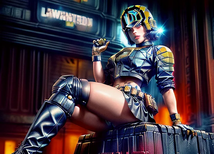 ((full length)),must show all of body in frame,a digital art of,Camren Bicondova,(((<lora:dpmg_add_detail:1>))),(((focus on full body,legs,boots,face))),ultra blond ultra extrema curly very short bob hairstyle,(((wearing Judge dredd uniform))), (((judge dredd helmet))),(((<lora:dpmg_add_detail:1>))) unzipped revealing cleavage,(((sitting on very powerful judge dredd lawmaster motorcycle)),(((<lora:dpmg_add_detail:1>))),highly detailed 8k mega city one and judge dredd personnel in background,ultra detailed,extremely big round bimbo breasts,buttons straining ready to burst,gold eagle,gold chain,gold judge dredd badge, ,beautiful breasts,silicone implants,five fingers per hand,very short extremely curly ultra blond bob hairstyle,charming face,beautiful lips,very blue eyes,wicked smile,curved eyebrows,textured skin,joyful,tattoo,bokeh,artstation,highly detailed,surreal,(((<lora:dpmg_add_detail:1>)))