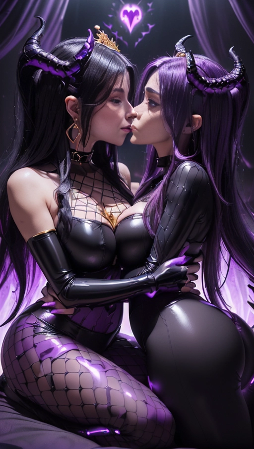 best quality, (((ultra high res))), (((detailed face and eyes))), (perfect face), (big shining heart choker), earrings, jewelry, (((big glowing succubus mark))), ((((big glowing succubus bodymark)))), (conjuring), 2 witches, ((very long voluminous hair)), ((((black hair)))), (((symbiote goo hair))), (((golden bracelet))), (((black skintight neckholder))), lipstick, (((((black demon tails))))), ((black long sleeves)), ((purple glowing hearts)), (((demon mark))), (((((bright purple glowing skin tone))))), (((straight hair))), ((purple glowing clothes)), ((purple luminescent)), ((((purple luminescent skin tone)))), (((purple skin))), ((((purple goo everywhere)))), (((2 symbiote girls))), ((((vampire suit)))), ((goo tail)), (((2 succubi))), ((((very very long hair)))), ((glowing eyes)), ((((big dark diamond crown)))), (((((big diadem))))), ((((huge cameltoes)))), ((heart on womb)), ((((black demon tails)))), (((black leggings))), ((((fishnet)))), ((latex)), (((((2 girls cuddling))))), (((((two girls kissing))))), ((pushup)), (((right girl is Kylie Jenner))), ((bed)), (((face closeup))), (((left girl has black hair)))