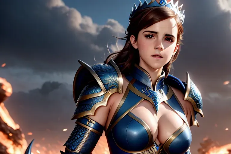 Realistic photograph of, Emma Watson, wearing sexy blue dragon armor, five slender fingers,gorgeous face,beautiful lips,curved eyebrows,curved eyelid,cosy,cgsociety,professional,highly detailed,smooth, thighs, elegant, big breasts, crown