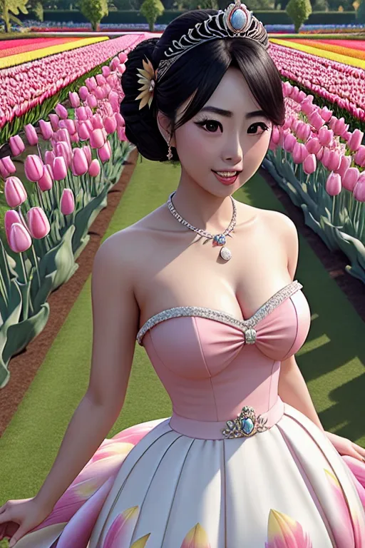 a photo shot of,haruka fukuhara,wearing empress dress,dancing,in a tulip garden,amazing breasts,five slender fingers,updo hair,charming face,beautiful lips,detailed large eyes,curved eyebrows,textured skin,joyful,wearing necklace,ultra realistic,surreal,professional,editorial,unreal engine