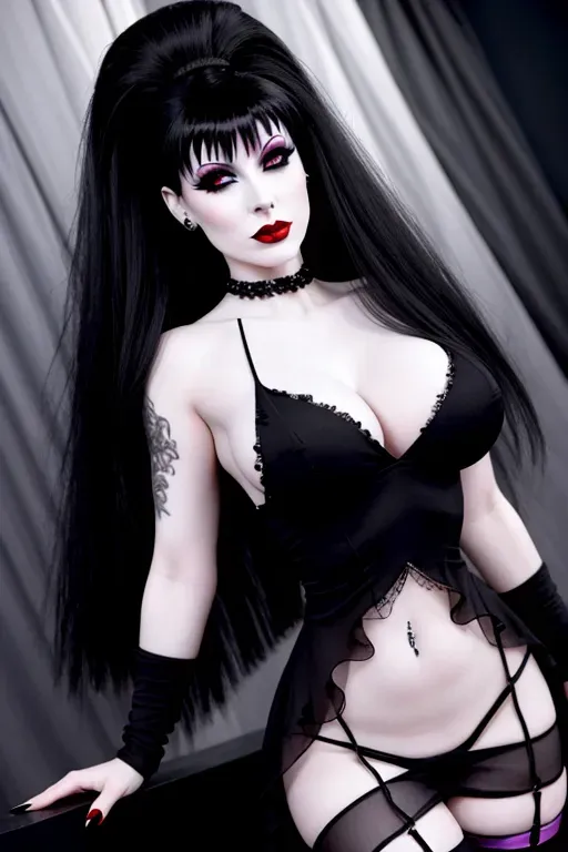 A 8k resolution full body photo shot of, (Elvira mistress of the dark):1, ultra realistic, (tall black hive hairstyle):.9, (pale skin):1, nude:.9, (strong and wide black eye make-up):.8, athletic:.8, (grey eyes):.7, (black high heels):.8, (strong red blush):.8, (hair up):.7, (back facing the camera):.8, (black thigh-high stockings):.6, (sexy):.6, (erotic):.6, (goth):.6, (standing):.7, athletic butt, showing butt, black high heels, strong make-up, 80s make-up, goth make-up, red lips, sensual, over-the-top make-up, (full body shot):.8, beehive hair, looking back, butt plug, standing with legs apart and arms to her head, bokeh
