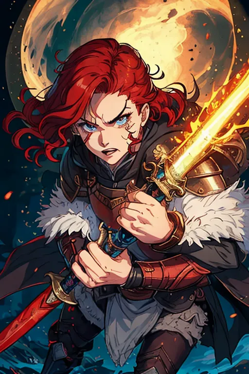 High fantasy, Berserk, a strong, warrior human, Guts, wavy red hair, pale skin, angry eyebrows, handsome blue eyes, small nose, strong cheeks, full beard, strong chin, animal skin coat, black leather armor, huge two-handed greatsword, going into battle, battle field, war in the background, castle and dragon in the far background, high definition, 4k quality, excellent lighting, great shading, pristine detail, very clear picture, vibrant colors, accurate at lower promp guidence, ultra realistic, five fingers per hand.