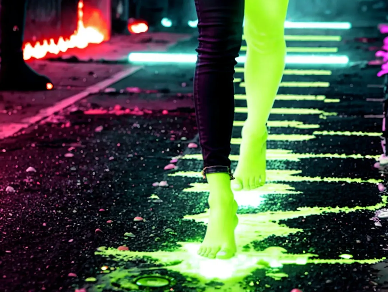 jeans, barefoot, toes, feet, street, bracelet, phone, ripped jeans, topless, choker, nipples, black jeans, dark jeans, exposed breasts, black lipstick, fingerless gloves, muscle band, arm band, toeless gloves, belts, chains, highlights, fighter, goth, muscles, sludge between toes, sludge puddle, radiation puddle, radiation between toes, radioactive waste, glowing nipples, radioactive floor, glowing floor, radioactive ground, glowing ground, fallout, glowing feet, radioactive nipples, slime, plasma, toxic waste, nuclear waste, radioactive, radiation, glowing river, glowing puddle, sludge, toxic sludge, stepping in sludge,