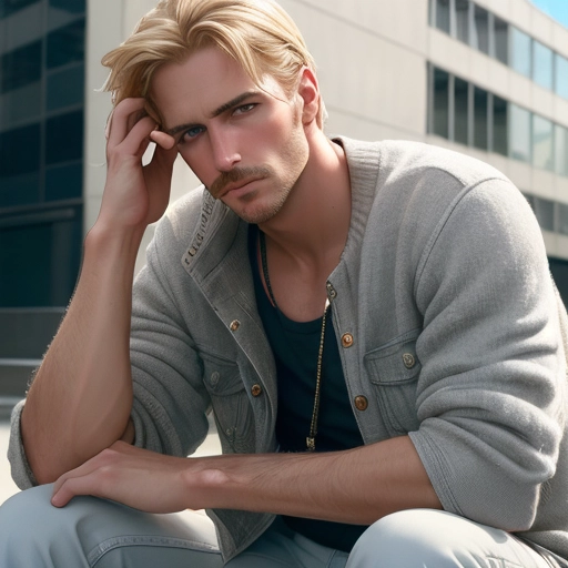 a handsome thin 30 something thin but fit, man, high tight faded blond hair, mustache but otherwise clean shaven, rugged, dim lighting, sitting in a modern city outdoor, louis Vuitton spring clothing, hiding his chiseled face with both hands but peeking through his fingers on one hand showing one sharp blue eye. high tonal range, Canon EOS-1D, f 5. 6, grey background, realism lights, natural realistic textured skin, gucci, skin with flaws, photorealistic, would pass for a fashion ad, gritty, steele
