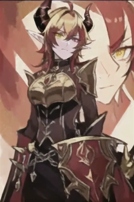 (masterpiece:1.2), (best quality), (ultra detailed), (8k, 4k, intricate),(full-body-shot:1), (highly detailed:1.2),(detailed face:1.2), best quality, masterpiece, solo, solo guy male tiefling, bright golden brown yellow hair, heterochromia, green eye, red eye, determined look in eyes, golden brown color hair, curled horns devil, hell armor, ,red horns, holding battleaxe, shield, chrome shiny battleaxe, androgynous haircut, imp demon , dark paladin, chain main shirt, battle axe wielder, warrior, knight of hell, demon tiefling, hell red power, curled horns, illrigger, armored, 1 male tiefling only, demon, flat chest, posh , leather armor, well groomed, elf ears , jackal imp creature , horns, armored jacket, solo, sharp jagged tail, humanoid, masterpiece, colorful shirt, short length hairstyle single strand of hair curls on top of head, antenna hairstyle imp demon, ,cute look in eyes, imp demon , heterochromia, masterpiece anime style
