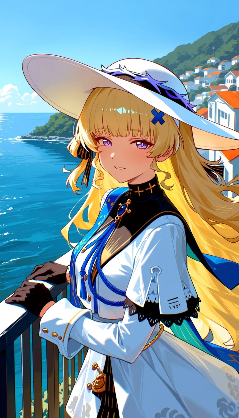masterpiece, best quality, score_9, safe, absurdres, 1girl, phoebe \(wuthering waves\), tacet mark \(wuthering waves\), blonde hair, outdoors, white dress, long sleeves, hat, ocean, day, looking at viewer, upper body, fence
A portrait illustration of phoebe from wuthering waves in anime style, standing on a balcony overlooking the ocean. She is surrounded by a railing, buildings, and a hill in the background. The image giving it a lively and vibrant feel.
Negative prompt: lowres
