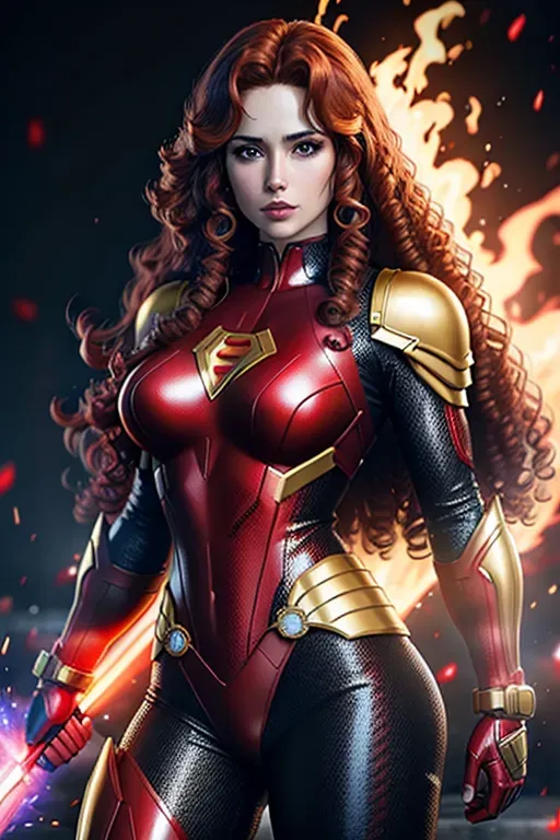 4K ultra realistic, Dynamite themed superhero woman, wearing red and black, with golden armour, long curly brown hair