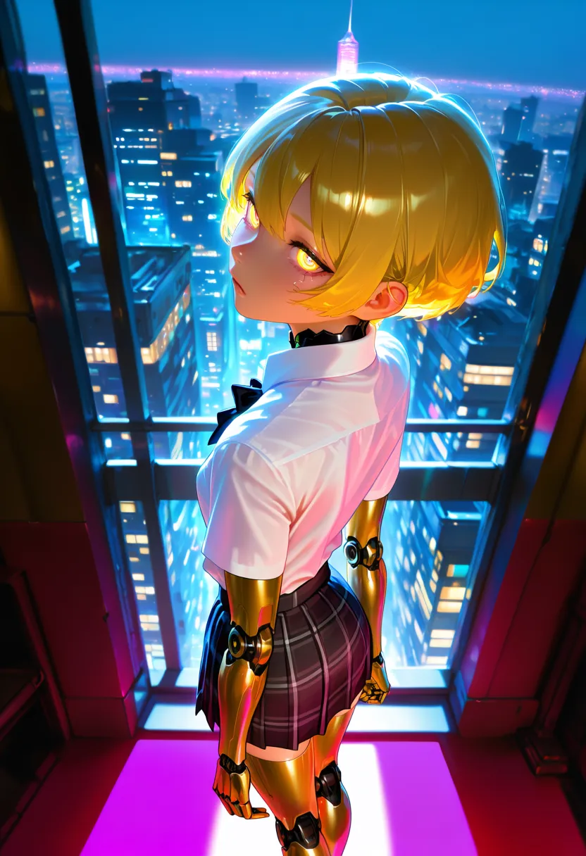 @ ntrmixstyle,
A sex bot, she has short blonde hair and gold inflected mechanical arms and legs, her eyes glow yellow, her skin is slightly plastic, she has small breasts, she wears a plaited plaid skirt, she wears a white collared shirt, a black cravat,
In an opulent cyberpunk penthouse apartment, she strikes a sexy-innocent pose, view from behind her,
masterpiece, best quality