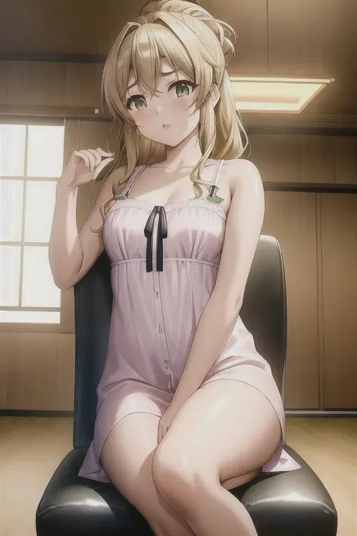 a digital art of,kaori miyazono,wearing nightie,sitting in a chair,indoor,small breasts,five fingers per hand,updo hair,beautiful face,beautiful lips,green eyes,curved eyebrows,smooth skin,erotic,tattoo,highly detailed,studio lighting,editorial,smooth,sharp focus