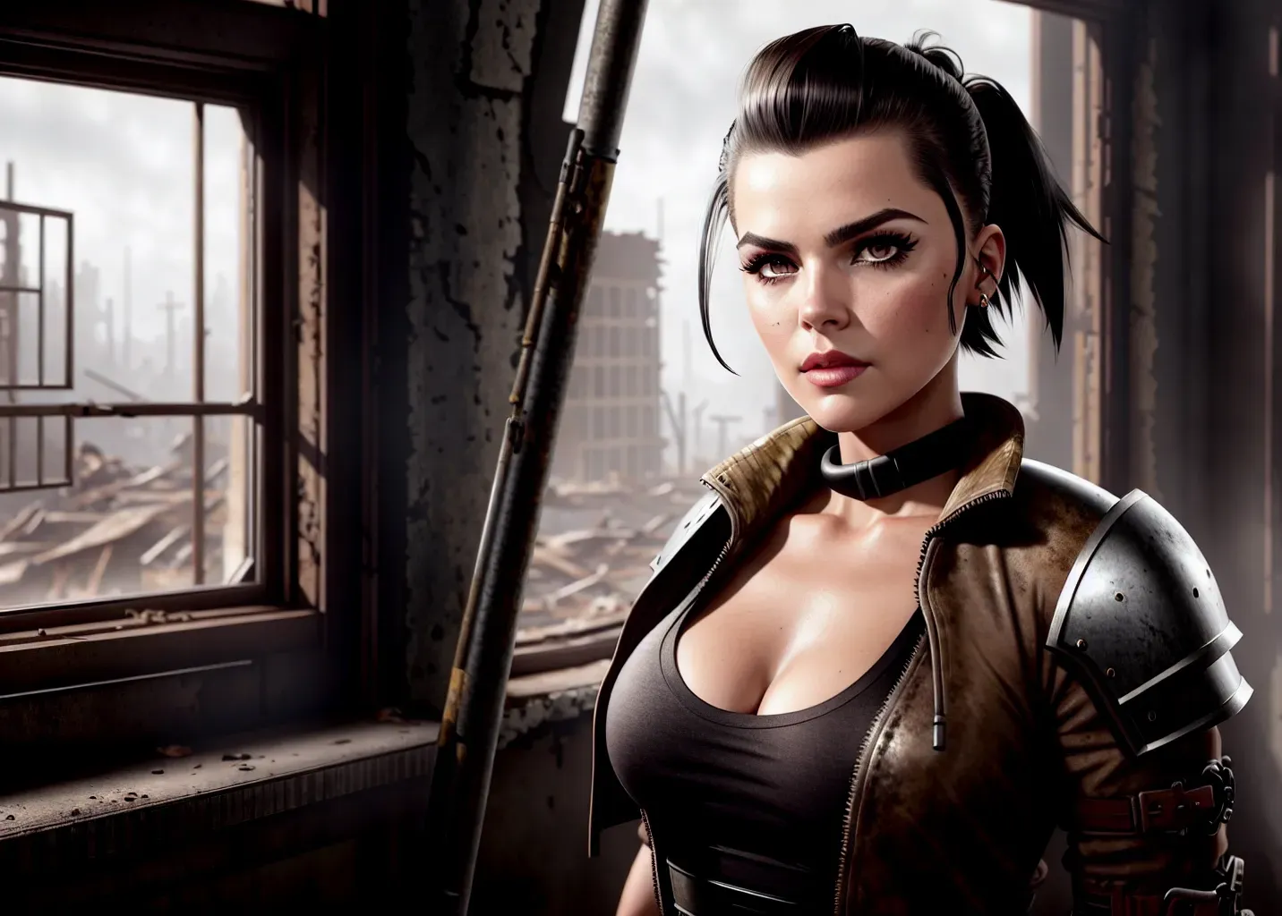 a concept art wide shot of, (((jesse james keitel)))(completely accurate face)((as a postapocalyptic scavenger)), full body, (((crashing through a postapocalyptic window)))(((wearing postapocalyptic raider armor))),((very short blunt Dutch Bob cut hairstyle)(undercut)(straight hair)(sleek)((widows peak)))(SKINNY athletic physique), playful standing pose, small breasts,five slender fingers,beautiful face,beautiful lips,detailed large eyes,curved eyebrows,cgsociety,natural lighting,studio lighting,professional,editorial,