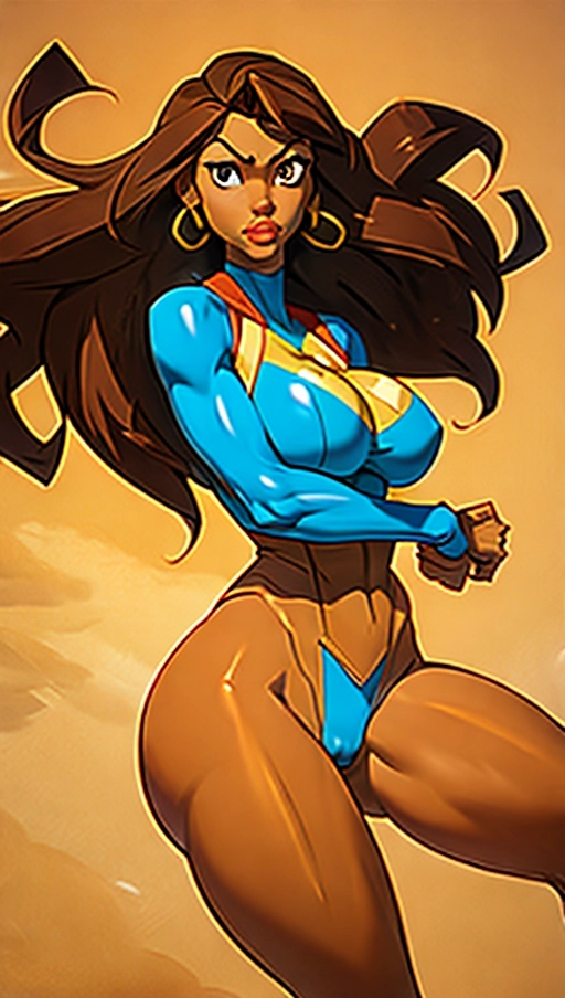 Ms marvel,huge massive breasts,huge thighs, skin tight super suit, camel toe, long rubber arms,brown skin,brown hair