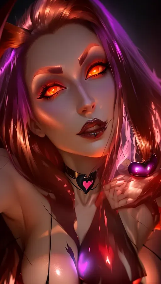 perfect boobs, perfect body, 20, seductive, succubus, charming, magic force, corrupted, corruption, demon wings, demon tail, latex, heart choker, heart necklace, purple heart nipple patches, heart, brown hair