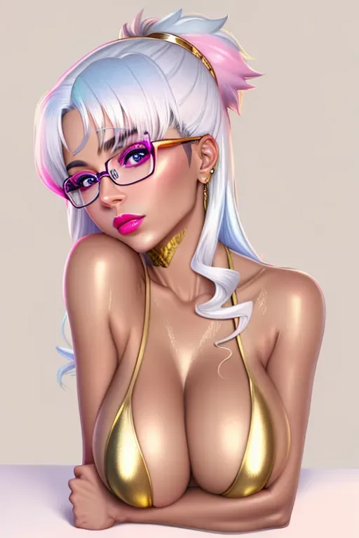 hyper realistic ,female wearing gold rimmed glasses ,tinted blue eyeglasses,arms folded under large tits,head leaning on the right shoulder,rich tanned skin,white hair,pink lipstick