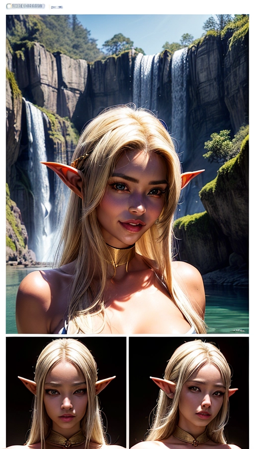 fantasy setting in the style of Larry Elmore, (face portrait of two mature Elf women of different ethnicity:1.4), (first woman is a black-skinned Elf with long platina-blonde hair wearing a white silk outfit and second woman is a fair-skinned Elf with short black hair wearing a blue outfit:1.6), stunningly sexy and beautiful, (Denise Richards and Riley Steele:1.4), skimpy silk dress and long transparant silk cape, slender waist with toned abs, (erotic pose with arched back:1.2), slim body with small perky breasts, erect nipples, ckeavage, golden earrings and bracelets with precious gems, clear and strong colours lit up by sunrays, (2 women in portrait:1.4),
(upper body portrait of faces and breasts only:1.4), clear blue eyes, (naughty smiles:1.2), a pond with a waterfall in a luxurious marble garden,
(highly realistic portrait:1.1), (photorealism:1.1), (masterpiece:1.1), <lora:dpmg_add_detail:1.2>,
cinematic lightning, artificial lighning, best quality, highest quality, highest resolution, 8k, Perfect composition, masterpiece, sharp focus, perfect anatomy,
