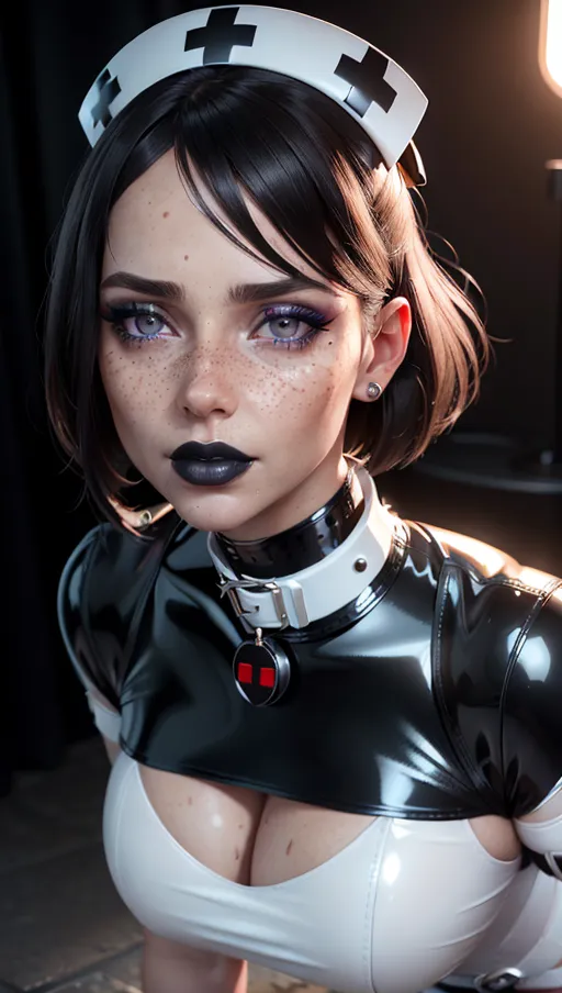 photorealistic, 8k, accurate face, (((detailed face))), (((replicate inspiration face))), freckles, black lipstick, collar, latex nurse, tight dress, on her knees,