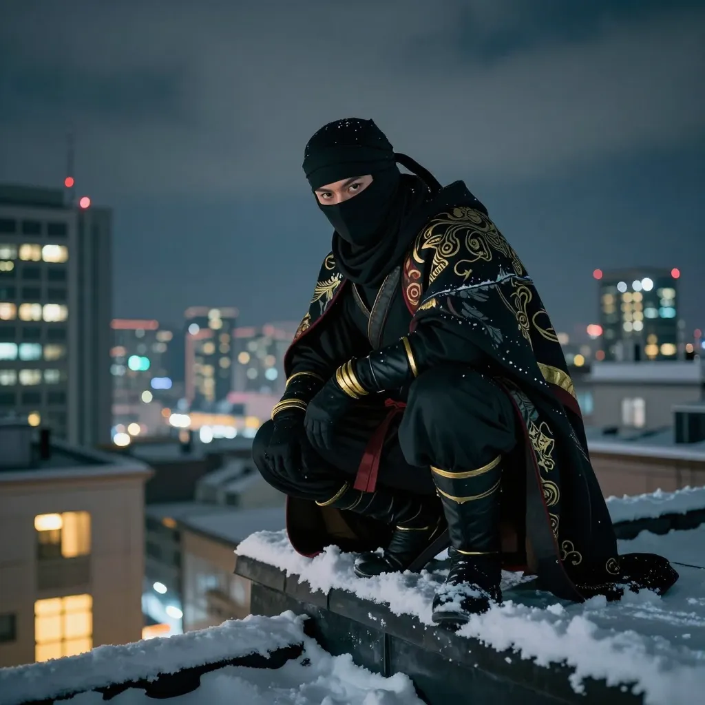 This is a photograph depicting a ninja-like figure perched on a snowy rooftop at night. The figure, wearing a black mask, headband, and gloves, has a dark, patterned cloak adorned with gold and red designs. They are squatting with one hand on the snowy roof edge, revealing gold wristbands and black boots. Their intense, focused eyes peek through the mask. The background features a cityscape with illuminated buildings, including tall skyscrapers with glowing windows, set against a dark, cloudy sky. Snow covers the rooftops below, and warm yellow lights from windows create a contrast with the cold, blue-toned night.