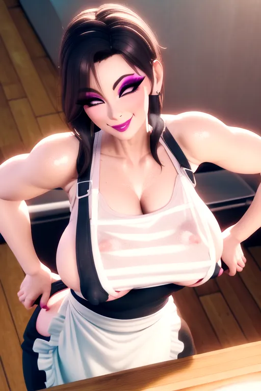 Beautiful mature milf, ((normal boobs)), tight tanktop, large aerola, erect nipples, smiling, in the kitchen, long eyelashes, cute makeup, wearing a skinny apron, tight waist, bending over, dpmg_face_cum_v1, seductive, 3d render